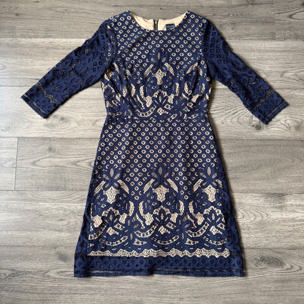 Gabby Skye Womens Navy Blue Lace Sheath Dress 3/4 Sleeve Size 8 Floral Overlay